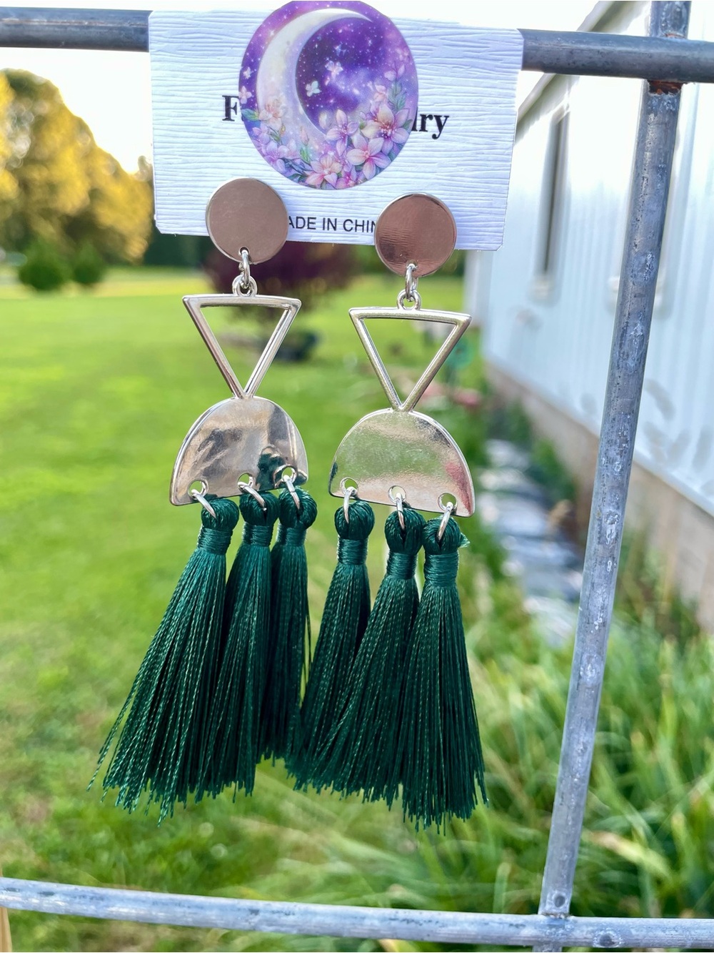 Silver Geometric Earrings with Dark Green Tassels